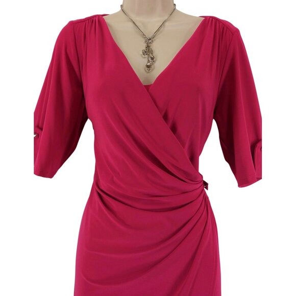 Dressbarn Pink Fuchsia Tab Sleeve Faux-Wrap Dress Size 16 Office Career Stretch - Picture 3 of 10